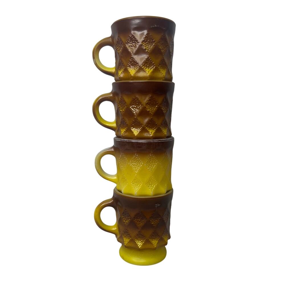 Vintage 70s Fire King Anchor Hocking Set 4 Yellow Brown Ombre Cups Mugs Coffee - Picture 2 of 11
